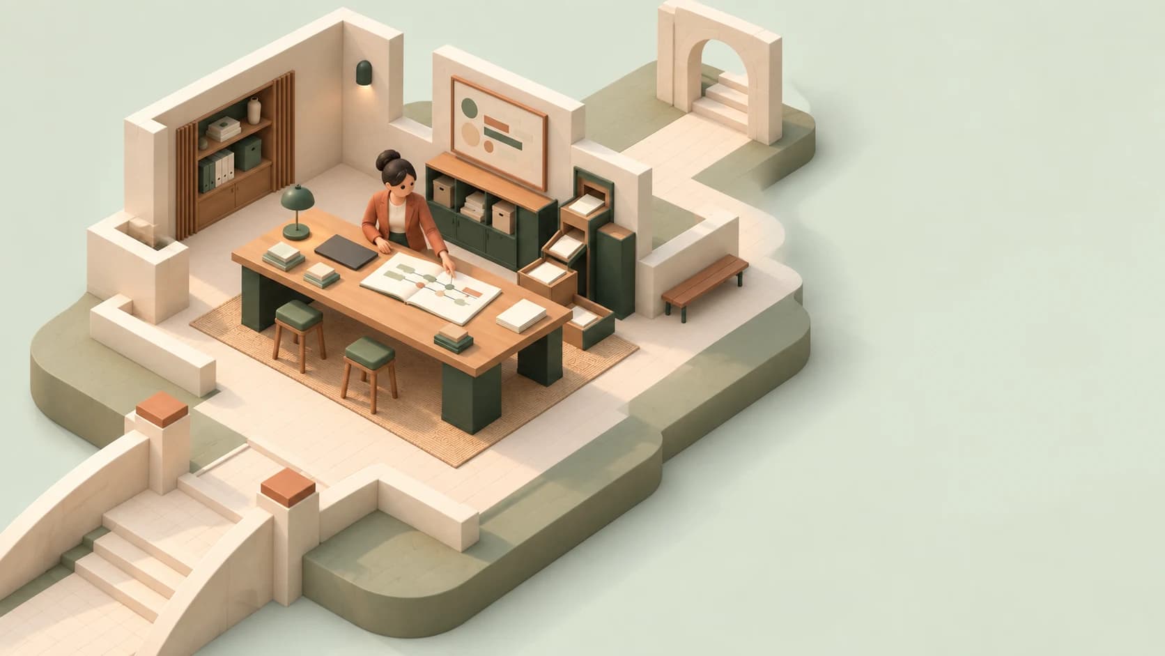 Elena and her agent revise the same incident report in an illustrated miniature workroom.