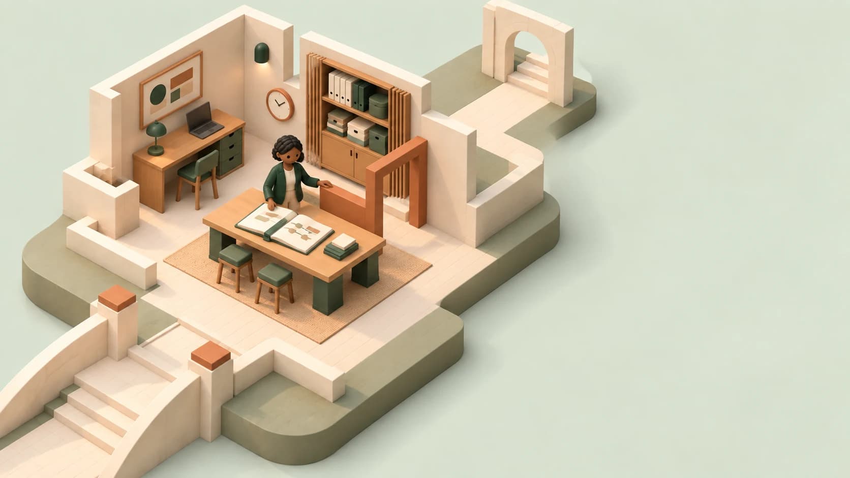 An illustrated miniature of sponsor Maya requesting an update to an IT morning brief in a separate office.