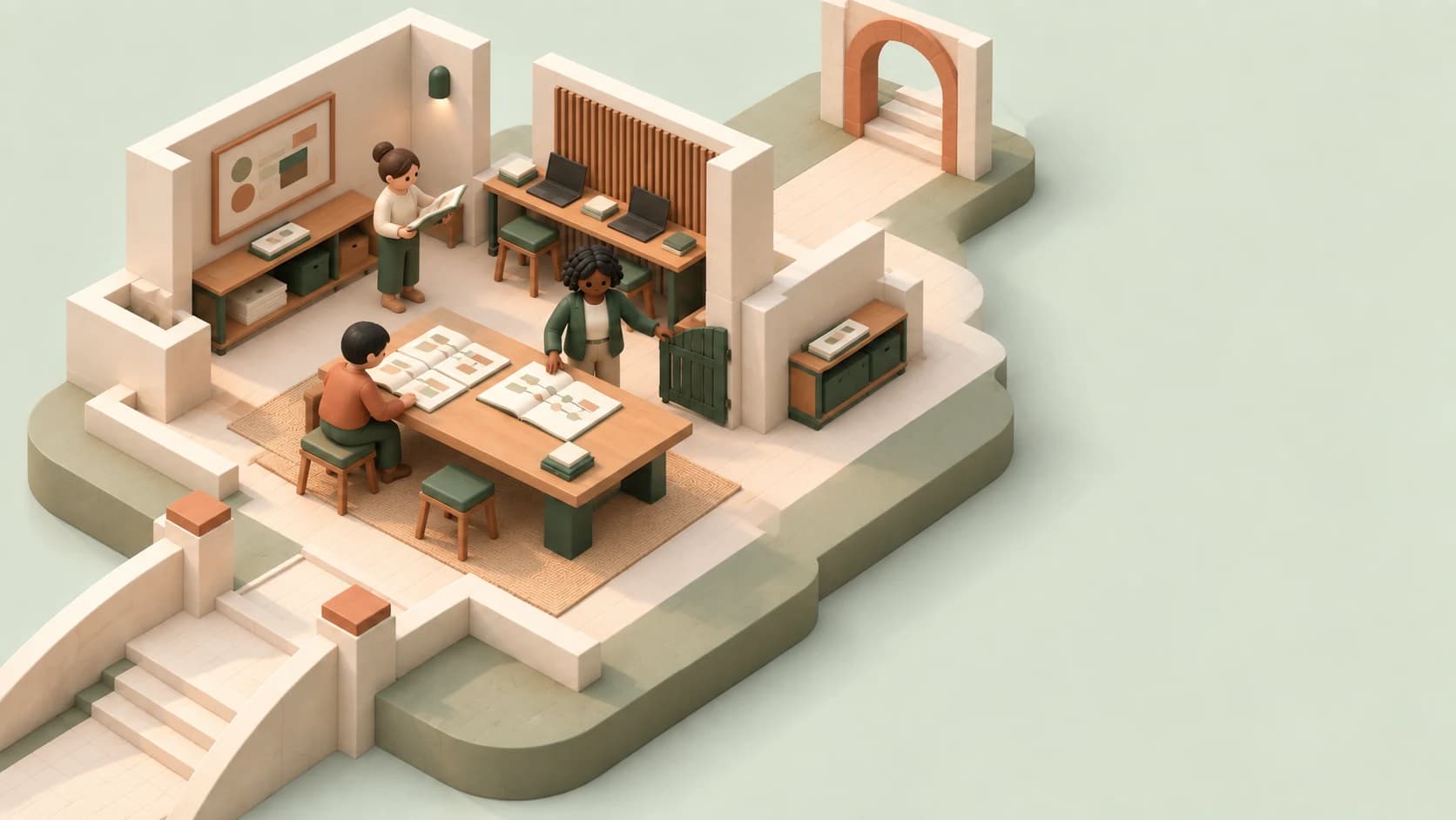 Maya reviews the agent's proposed IT morning brief with colleagues in the final illustrated miniature scene.