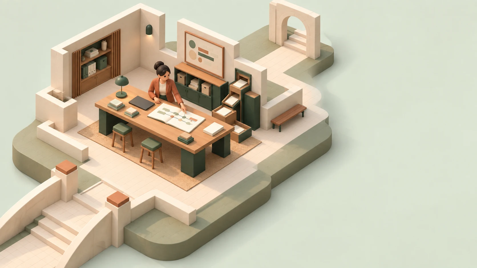 An illustrated miniature workroom where Elena reviews the cream incident report and its revisions.
